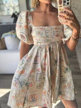 Abercrombie & Fitch Emerson Linen Puff Sleeve Mini Dress Italian Postcard